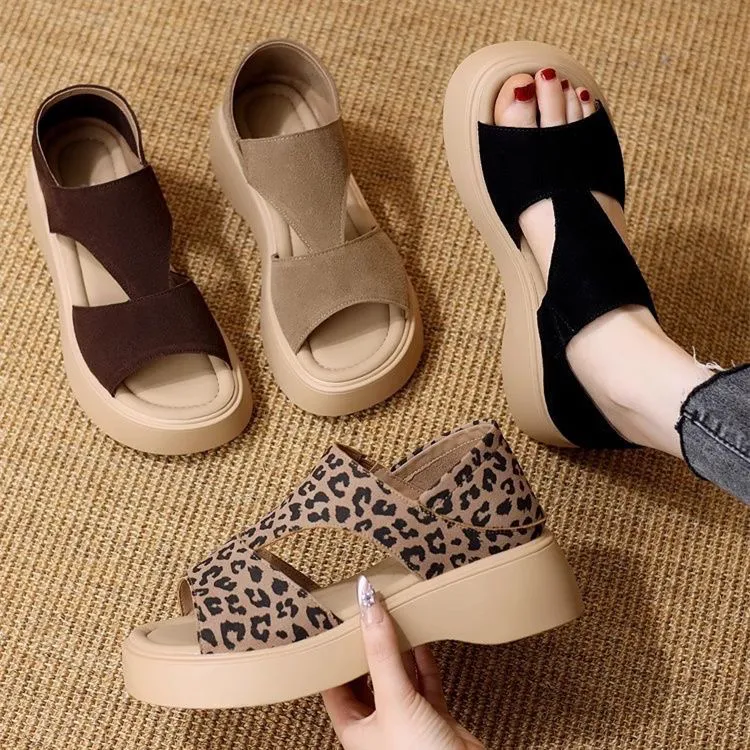 2025夏季露趾松紧带鱼嘴鞋时装凉鞋罗马风格复古港风休闲纯色低帮