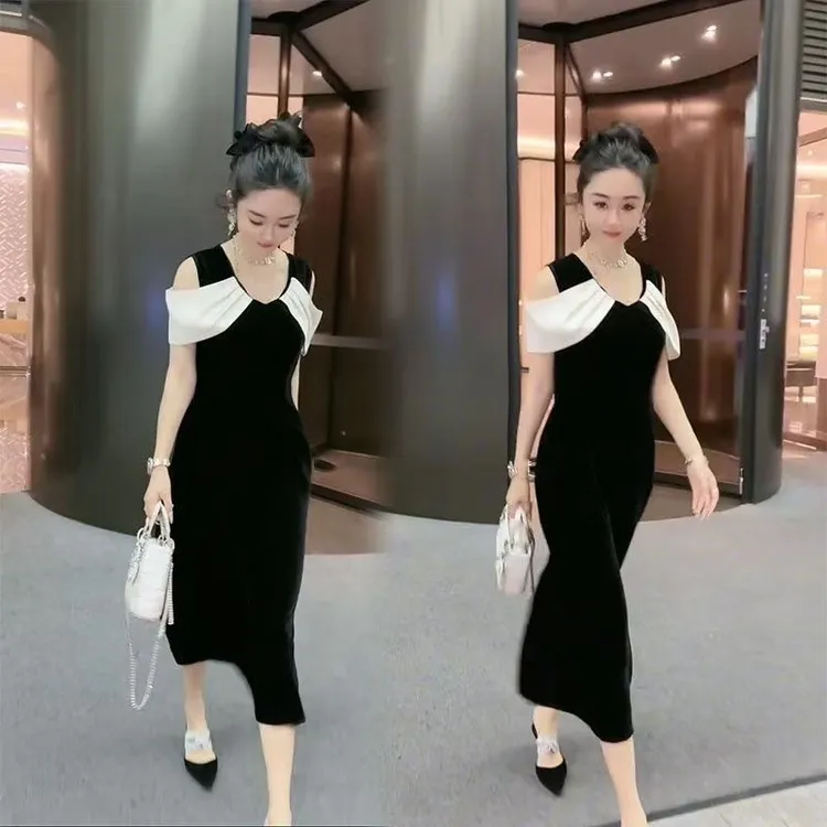 洋气衣服女气质开叉露肩收腰遮肚显瘦中长连衣裙女夏季新款