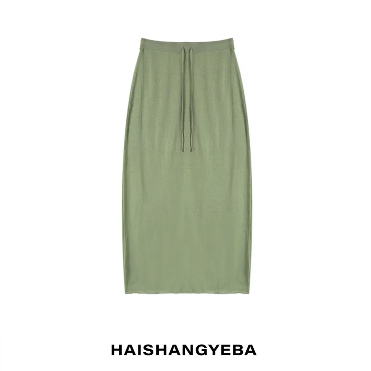 【海上叶爸】新款2025百搭亚麻抽绳松紧腰纯色棉宽松卷边半身裙