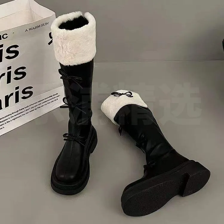 爆款棕色复古粗腿不过膝女2025新款蝴蝶结后拉链厚底冬季高筒靴女