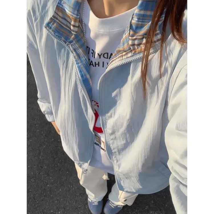 cleanfit格子拼接防晒衣男女夏季薄款宽松翻领夹克休闲情侣装外套