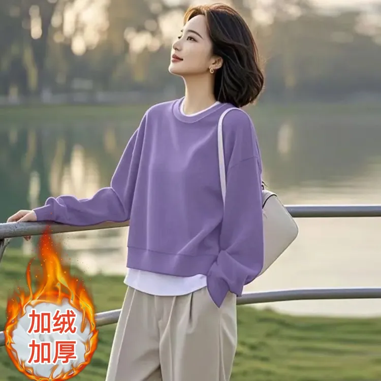 高级感假两件套头加绒卫衣女2025秋冬新款宽松小个子洋气减龄上衣