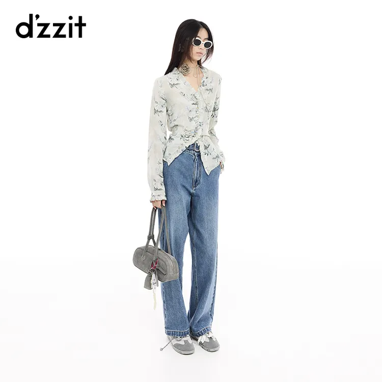 【商场同款新品】dzzit地素衬衫25春印花木耳边长袖上衣女3J1D510