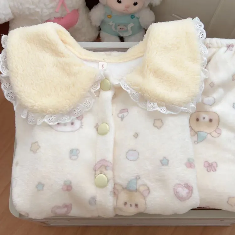 秋冬季轻松熊法兰绒睡衣女卡通可爱长袖加绒加厚保暖娃娃领家居服