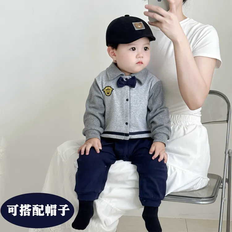 学院风宝宝连体衣纯棉单排扣长袖幼儿哈衣外套春秋假两件婴儿衣服