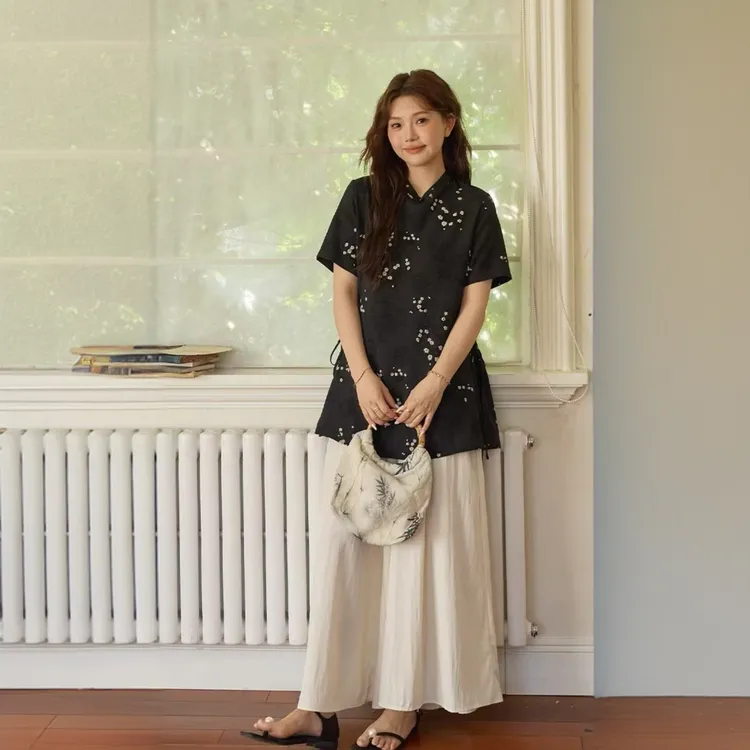 五季家大码民国千金新中式高级感上衣显瘦+休闲裙裤套装气质黑色