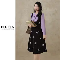 【五季家大码】显瘦秋冬气质收腰黑拼紫色连衣裙ZL113100