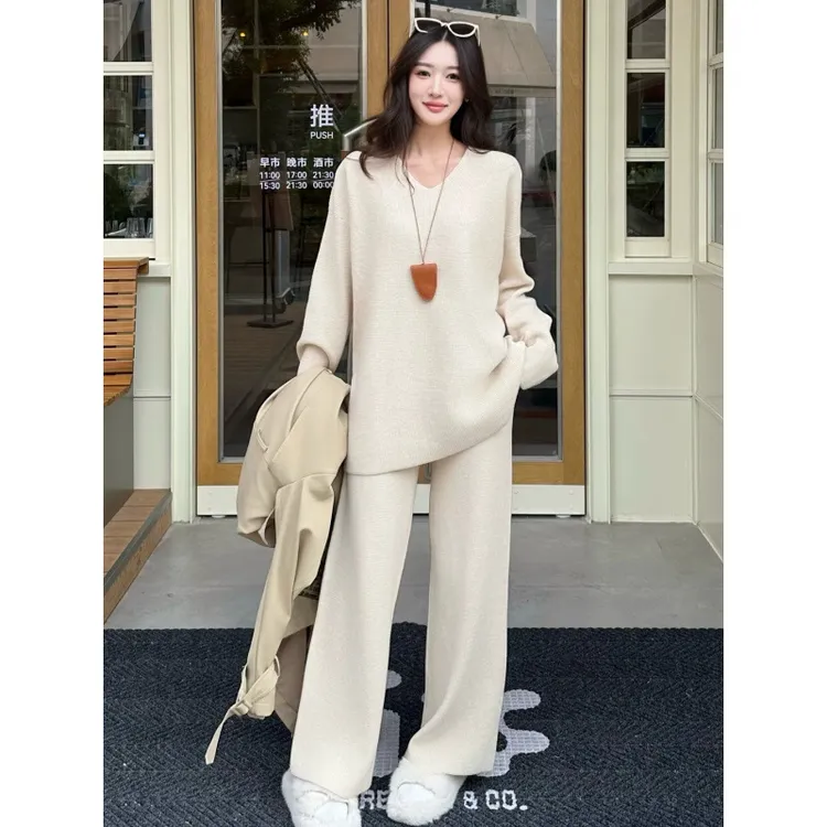 套装针织休闲宽松秋冬时尚外穿慵懒风显瘦百搭阔腿裤直筒韩版套头