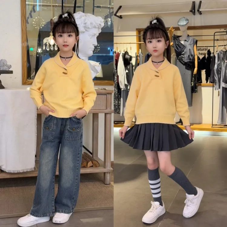 2025花边牛角扣毛衣/针织衫韩版纯色女童中大童潮范