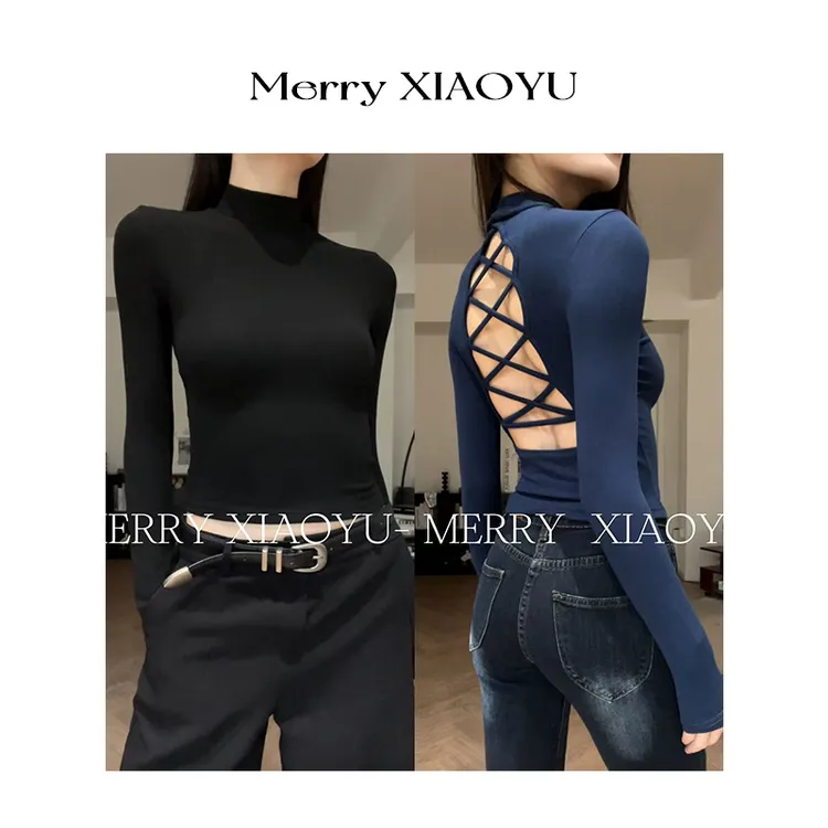 【小鱼】秋冬新款镂空交叉设计辣妹长袖修身显瘦百搭气质上衣打底衫