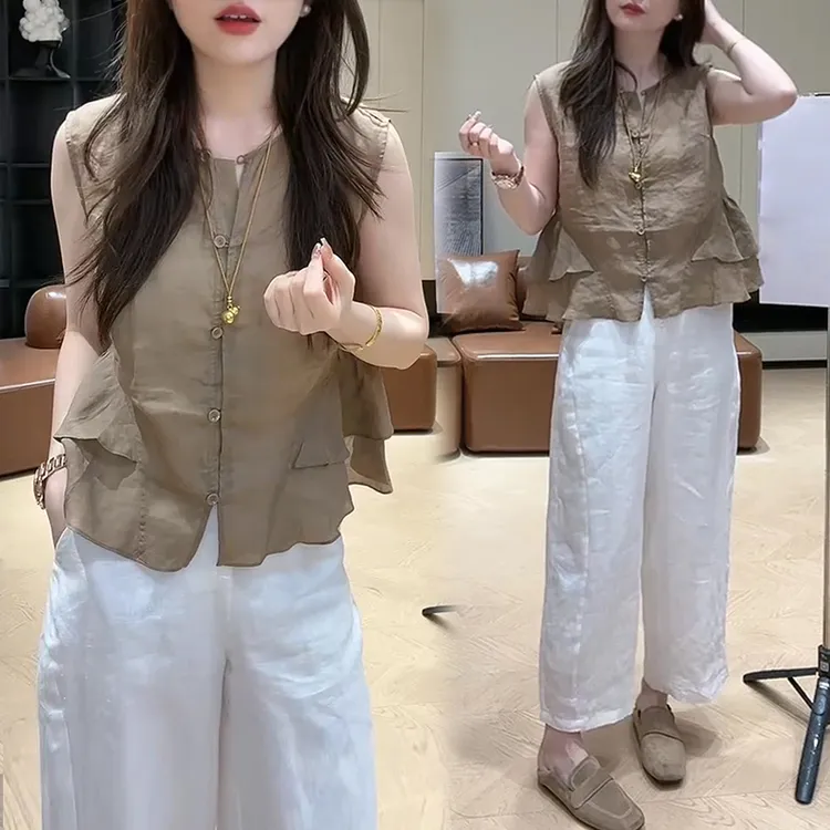 新中式国风气质套装女夏季新款盘扣无袖衬衫上衣白色阔腿裤两件套