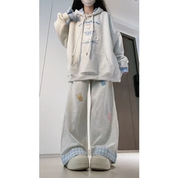 甜美学院风休闲运动套装女秋冬新款学生宽松连帽卫衣阔腿裤两件套
