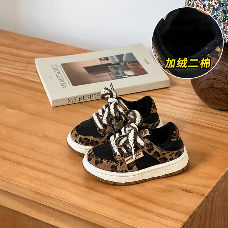 奇诺鼠新款儿童冬季宝宝鞋时尚百搭软底复古豹纹男童女童1098M