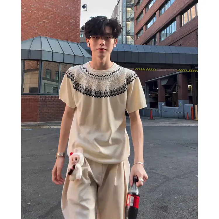 男士穿搭针织衫短袖男款夏季cleanfit高级感痞帅廓形小领口t恤潮