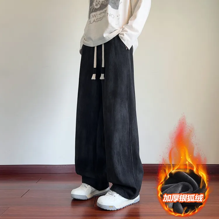 设计感个性扎染加绒保暖宽松大码休闲裤男秋冬长裤直筒垂感阔腿裤