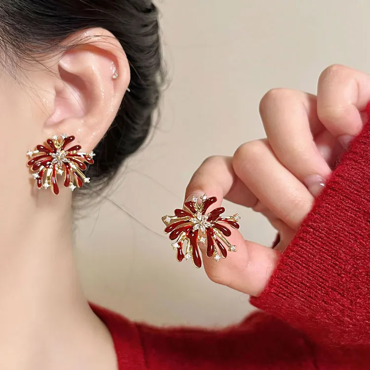 铜合金耳饰 复古红色滴釉锆石烟火耳环女独特小众高级感耳钉耳饰