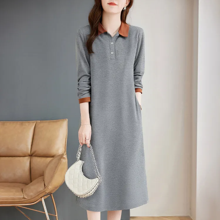 撞色翻领长袖连衣裙女秋季新款休闲运动T恤大码宽松显瘦直筒裙子