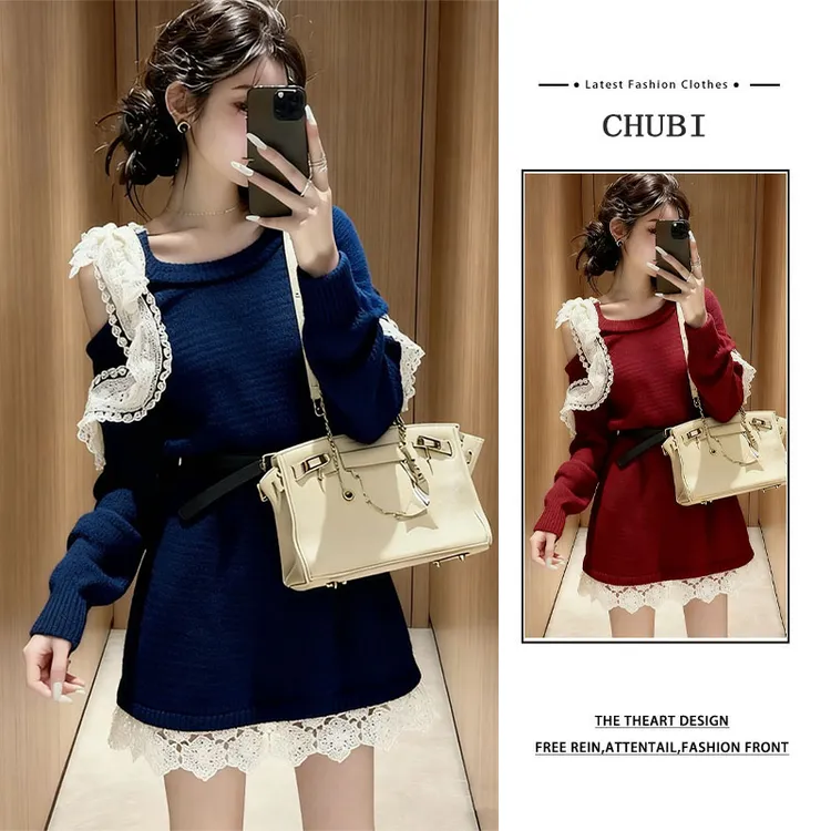 韩系氛围感蕾丝花边针织上衣女2025秋冬新款甜美风软糯厚款毛衣