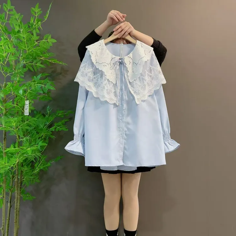 88265韩版法式别致洋气花边长袖娃娃衬衣遮肉新款衬衫宽松蕾丝