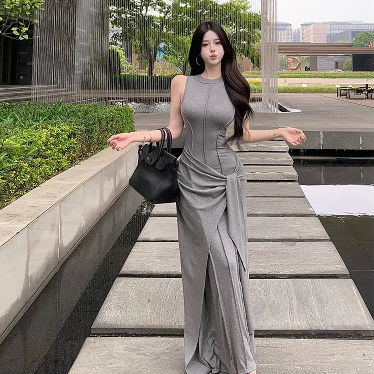 款设计感气质高级灰莫代尔背心连衣裙假两件包臀辣妹长裙