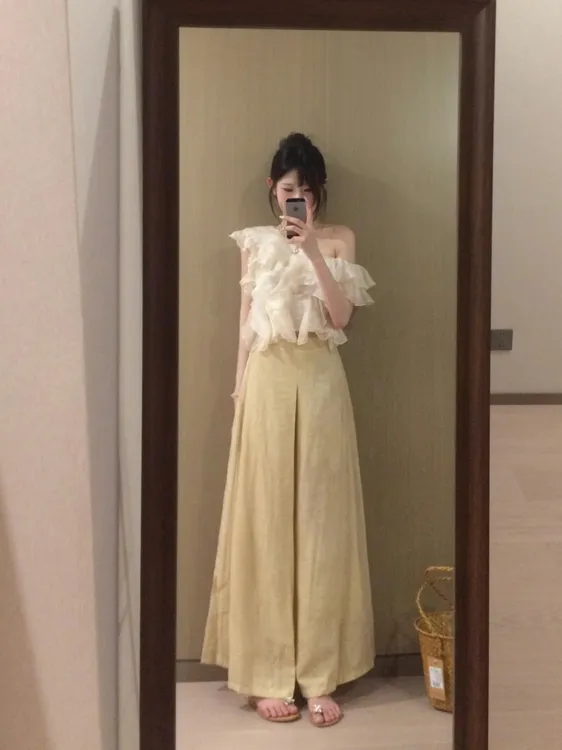 2025夏季穿搭一整套女荷叶边斜肩雪纺衫上衣搭配阔腿裤时尚两件套