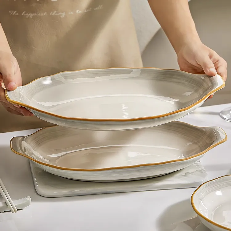 双耳陶瓷鱼盘家用2025新款蒸鱼盘子高级感鱼盆餐具鱼碗大号装鱼碟