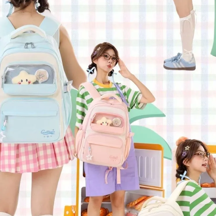 女纯色防水透气耐磨风格拉链书包中小学生美式学院风