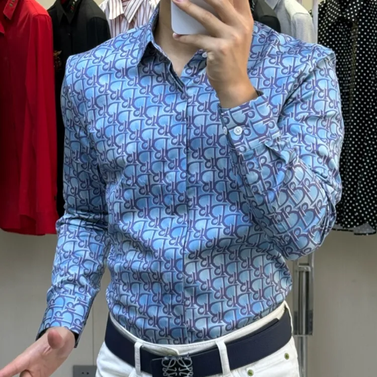 秋冬新款免烫休闲印花男士长袖商务衬衫衬衣网红时尚百搭潮流修身
