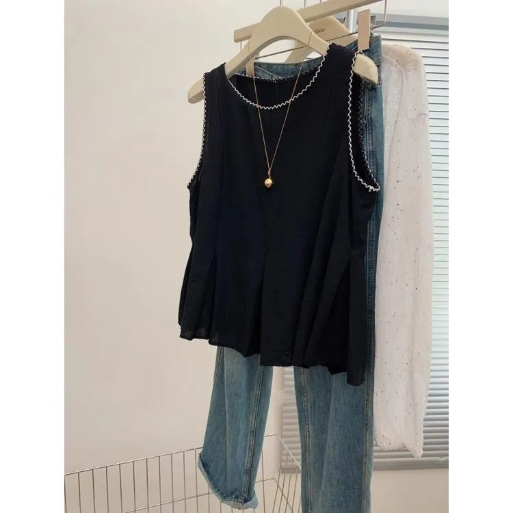 黑色宽松工字吊带马甲背心女夏外穿无袖上衣高级感2025新款娃娃衫
