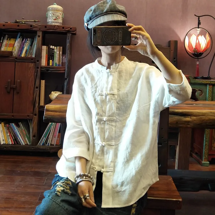 落古泥定制亚麻纯色文艺复古对襟衬衫女中式改良茶服白色