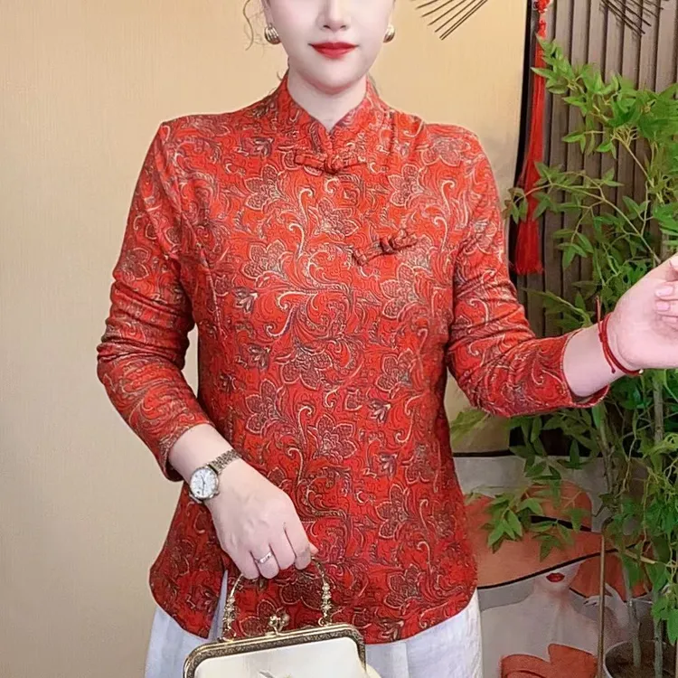 秋冬上衣长袖打底复古小衫加绒加厚显瘦气质洋气时尚中国风保暖