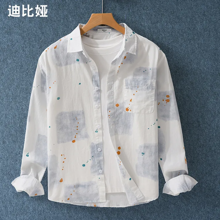 秋季日系复古格子涂鸦印花纯棉长袖衬衫宽松休闲衬衣外套设计感Y