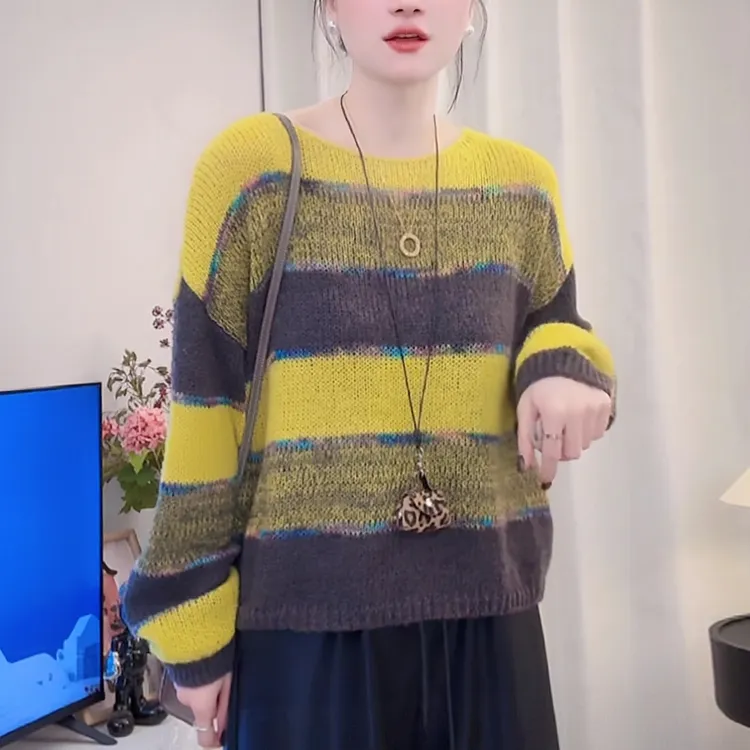秋冬女黄色条纹毛衣宽松慵懒风软糯洋气减龄显瘦打底针织衫上衣