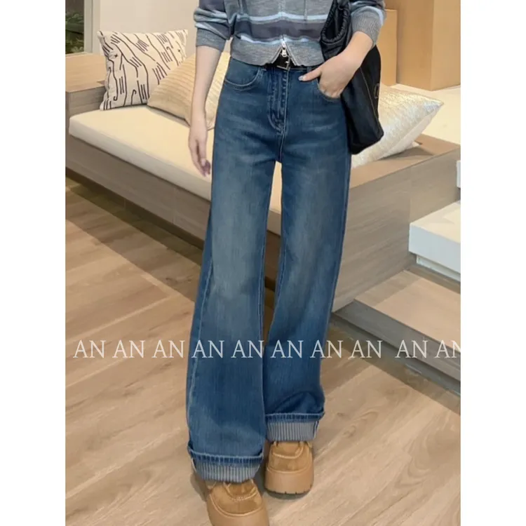 C08119复古港风洋气设计感宽松百搭翻边竖条纹阔腿牛仔裤