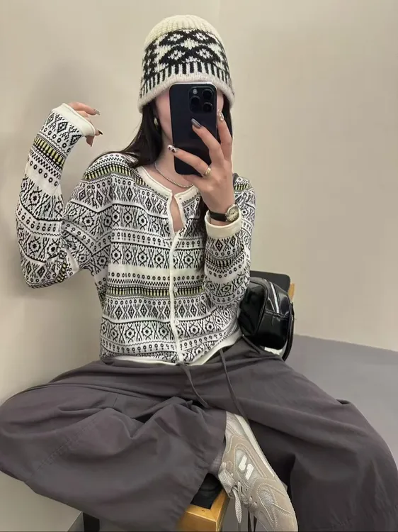 小香风透气休闲毛针织衫气质毛衣适中开衫款提花长袖