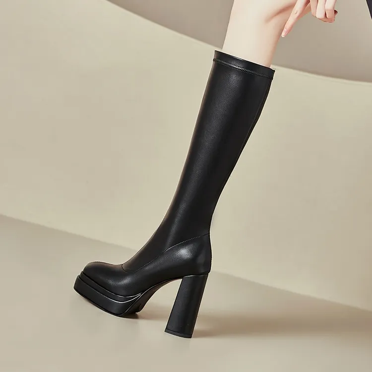 弹力靴显瘦防水台长筒靴女2025方头粗跟厚底不过膝瘦瘦靴白色长靴