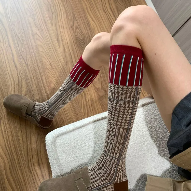 早秋小腿袜美式复古主义高智巴恩风穿搭及膝袜长筒细格纹千鸟格L