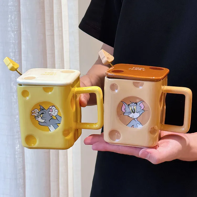 2025新款猫和老鼠方杯带盖带勺礼盒装陶瓷杯可爱情侣款水杯杯子