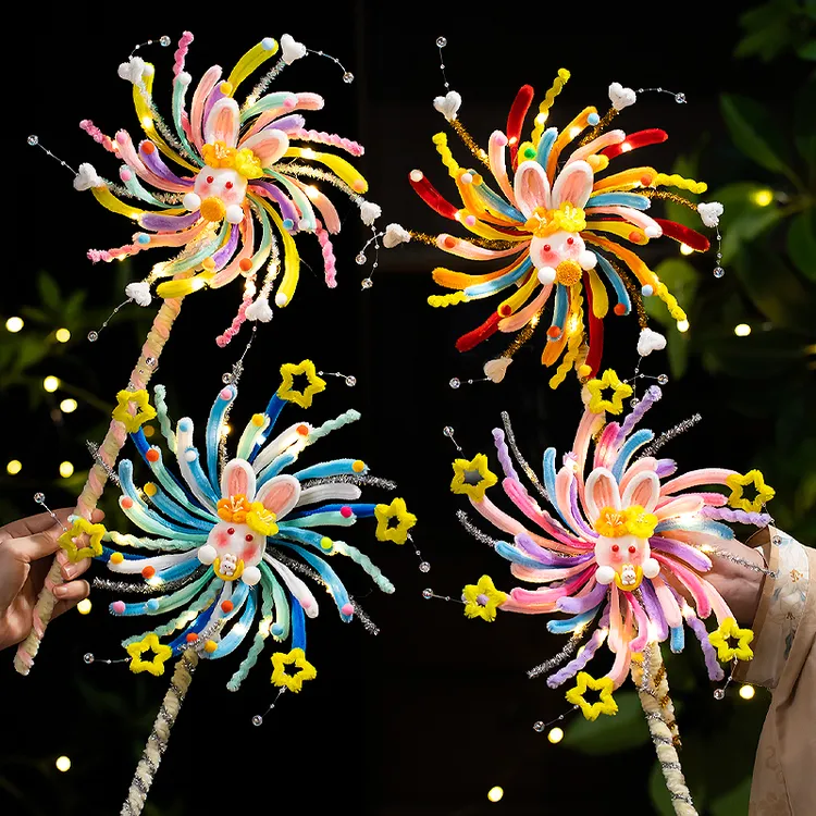 旋转风车发光中秋节灯笼手工diy材料包儿童手提兔子花灯2025新款