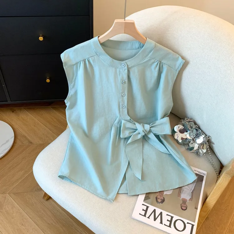 设计感蝴蝶结绑带短袖衬衫女2025夏季新款气质收腰显瘦别致上衣潮