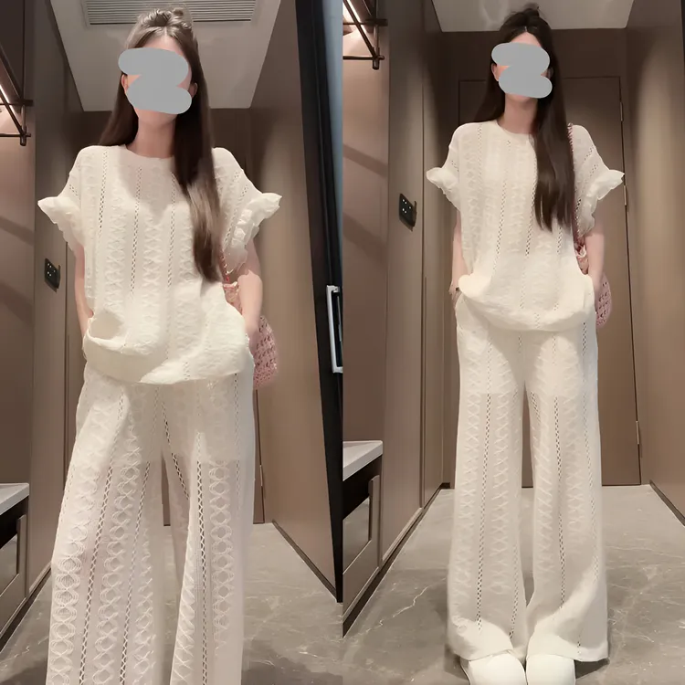 纯欲慵懒风女装2025夏季时尚镂空针织短袖T恤显瘦直筒裤防晒套装