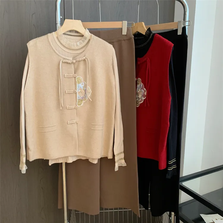 新中式套装妈妈秋装国风上衣时尚三件套中老年女装秋冬外套马甲