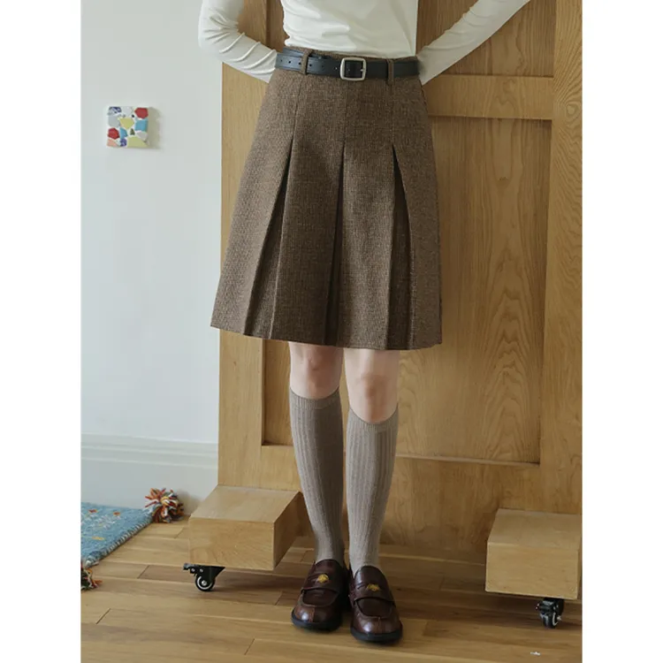 复古羊毛混纺格子高腰毛呢半身裙女秋冬学院风气质显瘦A字百褶裙