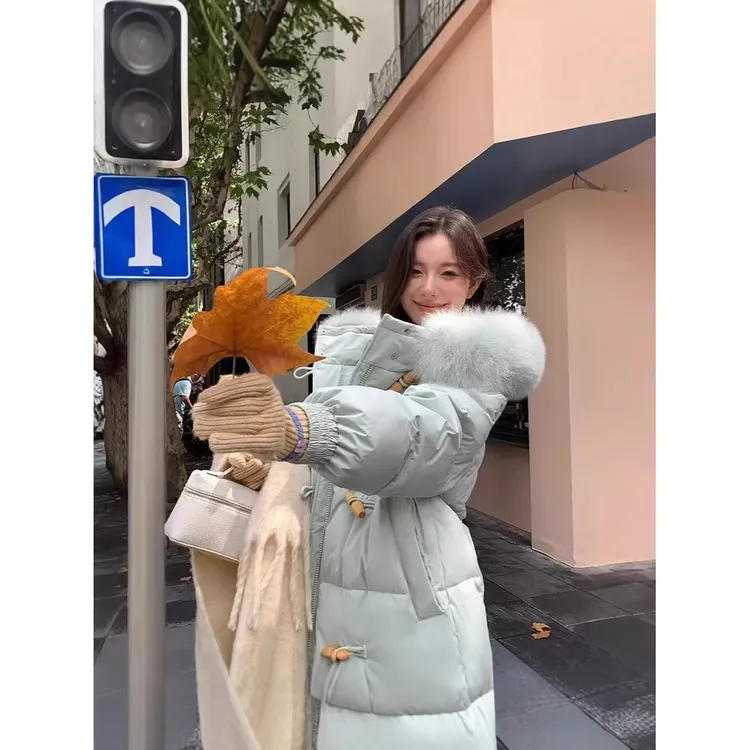 DUCURNO时尚连帽羽绒服女2025冬季新款韩版加厚过膝保暖连帽外套