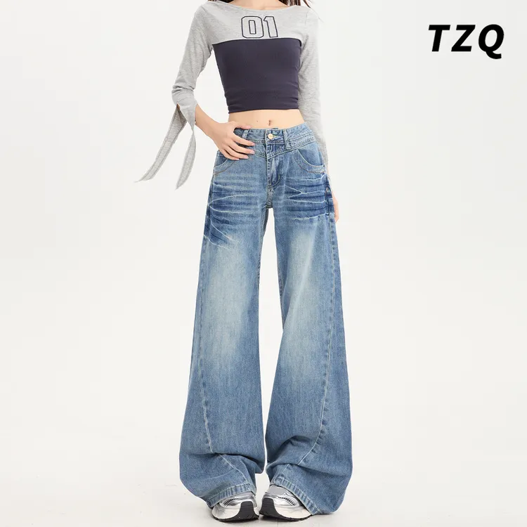 美式复古折痕牛仔裤女秋装磨白高腰显瘦宽松阔腿拖地裤TZQ2590435