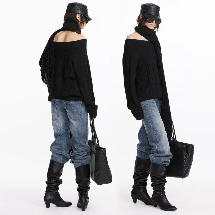 LYUOCHENG秋冬休闲一字肩不规则大绞花羊毛毛衣