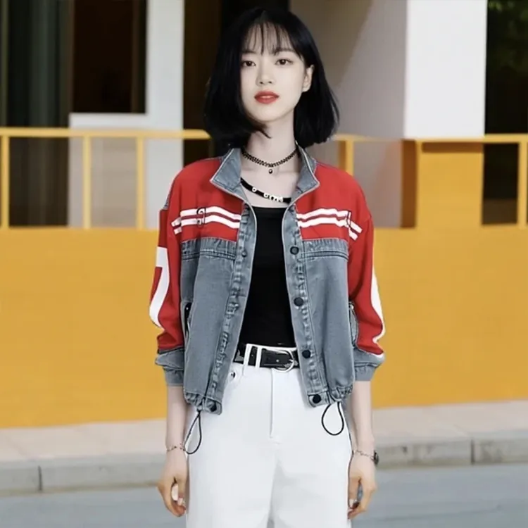 美式拼色设计感小众牛仔外套女春秋2025新款欧货潮流短款撞色夹克