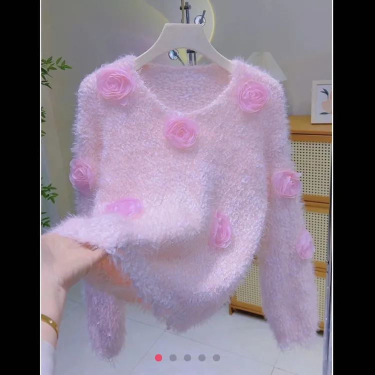 向-玫瑰花款破边甜美针织毛衣秋冬新款软糯亮丝温柔风宽松针织衫