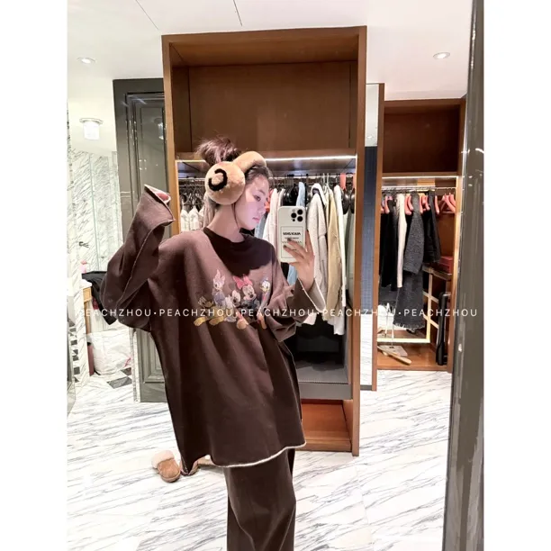 『PEACHZHOU』反做撞色米鼠卡通印花宽松圆领卫衣休闲减龄廓形绒衫