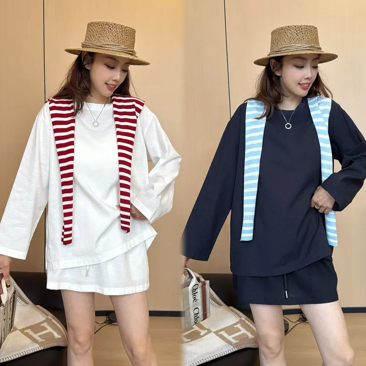 二姐的宝藏【三件套】夏季韩版条纹披肩百搭休闲套装#25155